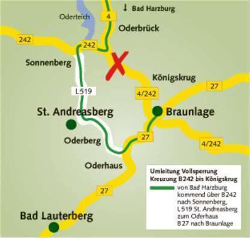 Die Verkehrsteilnehmer werden von Montag an über St. Andreasberg und Sonnenberg zur Abzweigung Oderteich geleitet.  Grafik: GZ