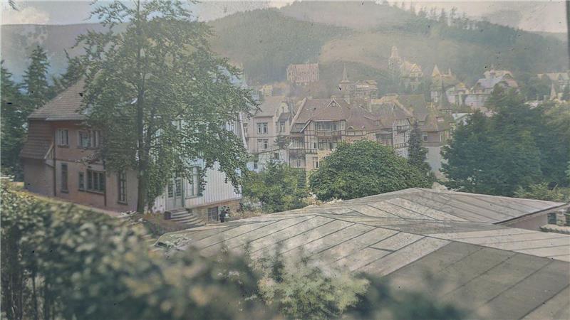 Die Villa Waldpark beziehungsweise Villa Ladhuse (links), aufgenommen zwischen 1900 und 1930 durch von Fotograf Julius Simonsen und mithilfe von KI nachträglich colloriert. Gut zu erkennen ist der wunderbare Ausblick über die Stadt, der sich den Bewohnern bietet.