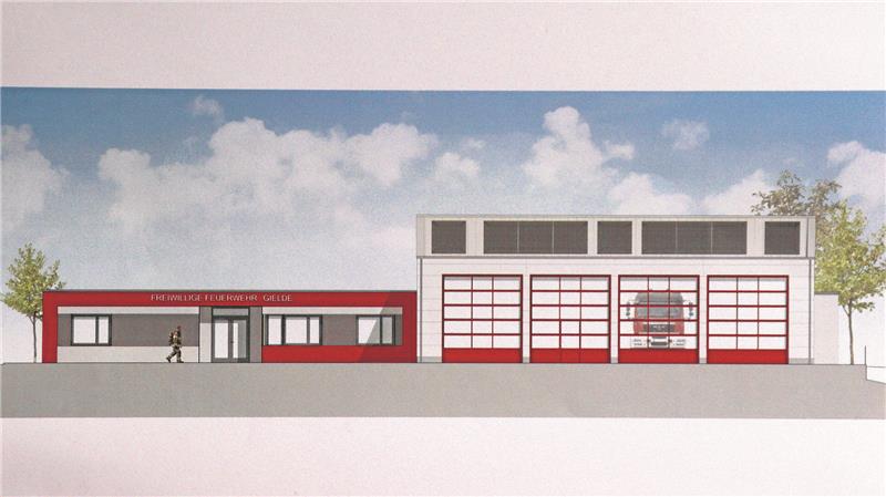 Grafik mit der Frontansicht eines Feuerwehrgerätehauses.