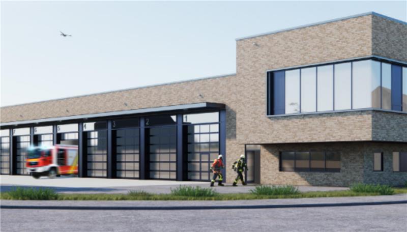 Meilenstein auf dem Weg zum neuen Seesener Feuerwehrgerätehaus Visualisierung des neuen Gebäudes: Ein Feuerwehrfahrzeug rückt gerade aus.