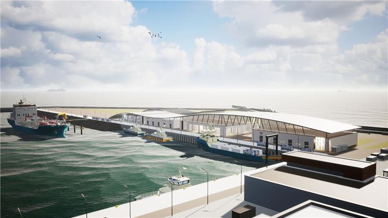 Die Visualisierung zeigt Gebäude auf der Nordseeinsel Helgoland.