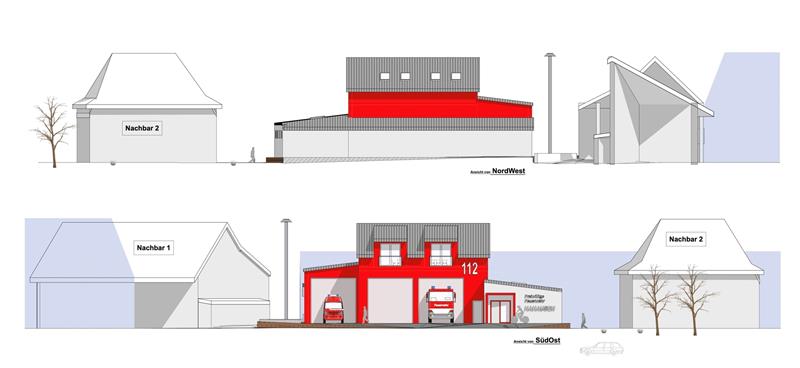Das Feuerwehrhaus Hahausen ist auf der Zielgeraden Die Visualisierung zeigt, wie das neue Hahäuser Feuerwehrgerätehaus von Südosten aus gesehen aussieht. Die Gesamtkosten fürs Projekt belaufen sich auf 2,2 Millionen Euro. Quelle: Stadt Langelsheim
