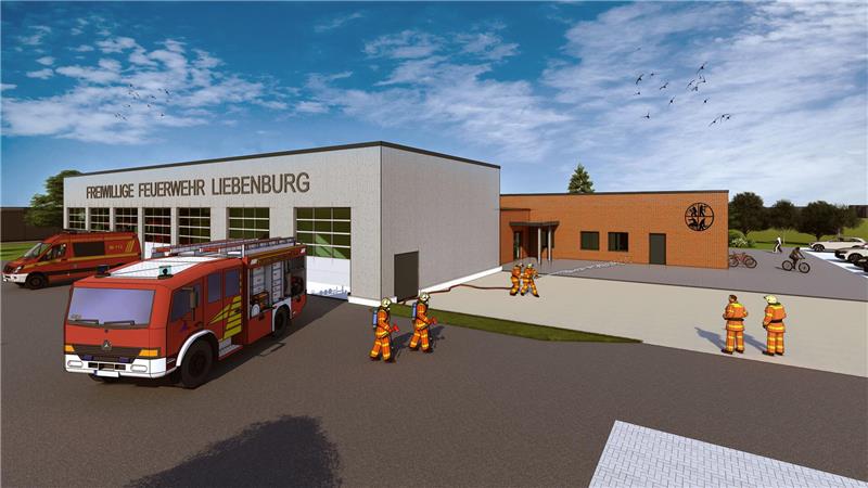 Die Visualisierung zeigt das neue Liebenburger Feuerwehrgerätehaus mit sieben Toren.