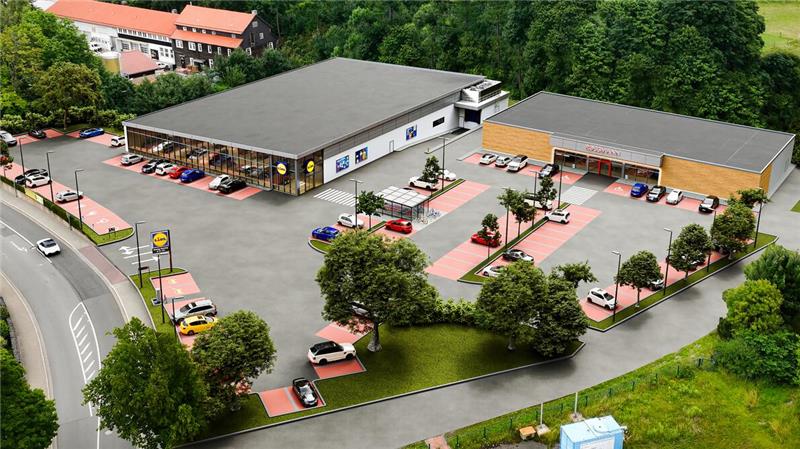 Die Visualisierung zeigt, wie der Lidl und der Rossmann zukünftig in der Clausthaler Bauhofstraße aussehen und ein gemeinsames Nahversorgungszentrum bilden könnten.