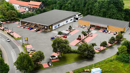 Die Visualisierung zeigt, wie der Lidl und der Rossmann zukünftig in der Clausthaler Bauhofstraße aussehen und ein gemeinsames Nahversorgungszentrum bilden könnten.