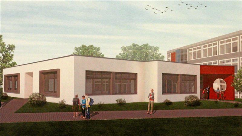Visualisierung des Erweiterungsbaus, ein eingeschossiges Gebäude