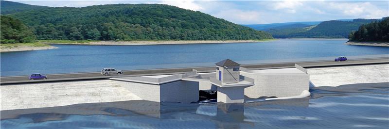 Die Vorsperre erhält eine Straßenbrücke: Eine Simulation der Harzwasserwerke zeigt, wie die Vorsperre am Sösestausee nach den Bauarbeiten aussehen soll. Grafik: HWW
