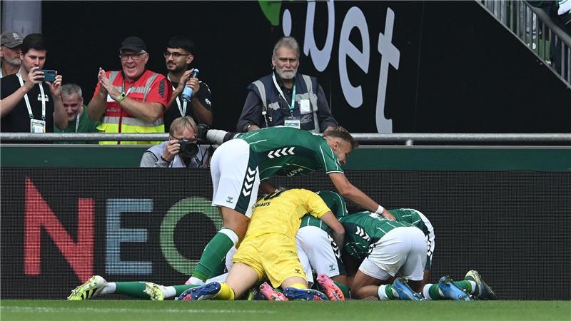 „Stadion in Ekstase“: Steffen freut Werders Aufholjagd Die Werder-Spieler bejubeln das späte 3:3 gegen Leverkusen.