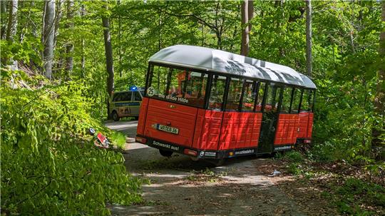 Die Wernigeröder Schlossbahn steht quer. Bei einem Unfall der Schlossbahn sind zehn Menschen verletzt worden, einer davon schwer. Foto: picture alliance/dpa/NEWS5 | Christian Grube