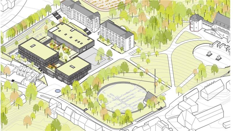 Eine Zeichnung der Planungen im Kaiserpfalzquartier. Oben Hotel und Stadthalle, unten der geplante neue Stiftsgarten.