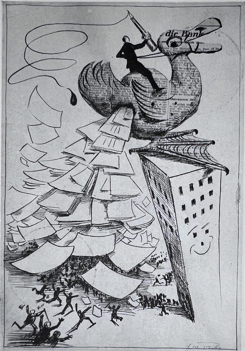 Die Zeitungsente – eine Zeichnung von Ernst Maria Fischer (1907 bis 1939). Fischer erhielt vom Nazi-Regime ein Berufsverbot als „entarteter Künstler“. Nach Verwundung als Soldat an der Westfront starb Fischer 1939 im Lazarett.