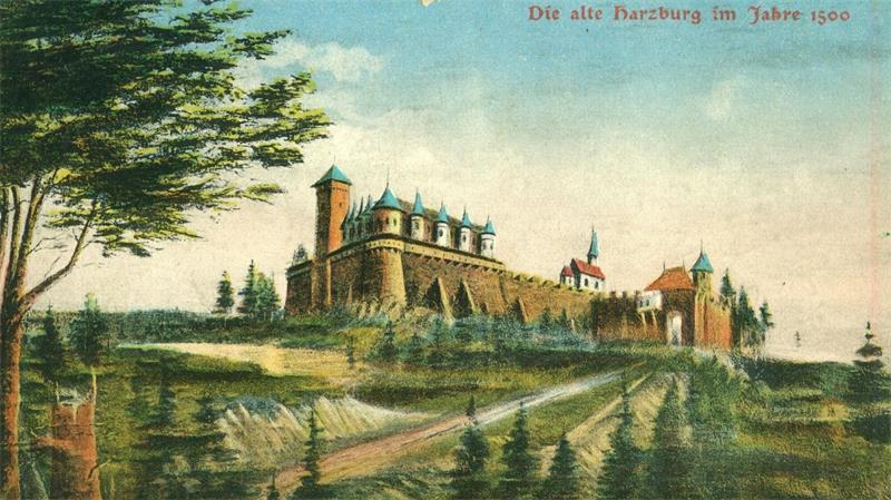 Das Bild zeigt eine historische Ansichtskarte vom Burgberg in Bad Harzburg. 