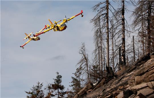 Die beiden Löschflugzeuge der italienischen Feuerwehr beim Einsatz am Brocken. Jetzt sind die Maschinen zurück in Italien. Foto: Matthias Bein/DPA