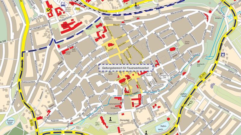 Stadtplan mit Straßen, Gebäuden und markierten Punkten in einer Innenstadt, darunter ein hervorgehobener Bereich mit dem Text 'Oberstadtbereich Frauenkirchenvorstadt'