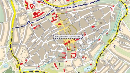 Stadtplan mit Straßen, Gebäuden und markierten Punkten in einer Innenstadt, darunter ein hervorgehobener Bereich mit dem Text 'Oberstadtbereich Frauenkirchenvorstadt'