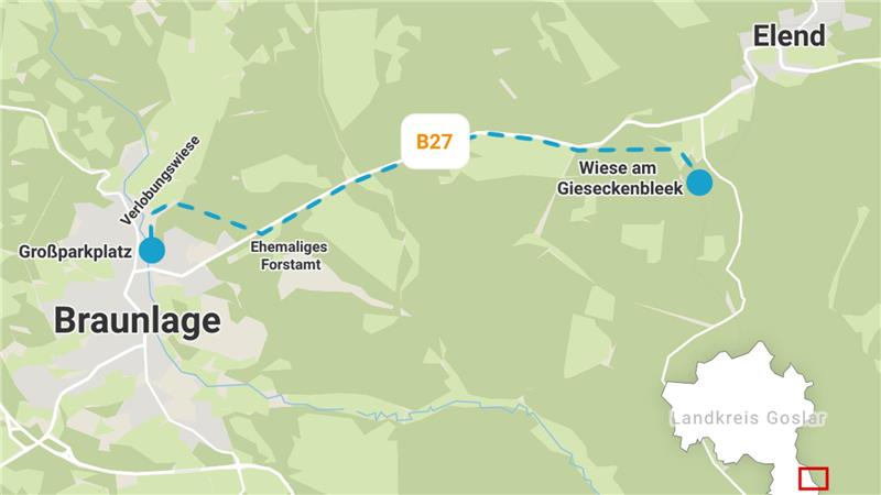 Die blau gestrichelte Linie zeigt den möglichen Verlauf der Bahnstrecke zwischen Elend und Braunlage.