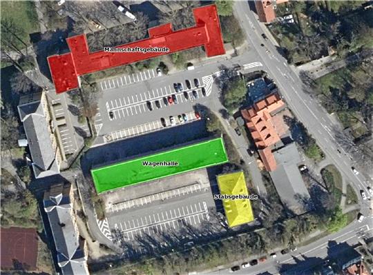 Die drei farblich markierten Gebäude der ehemaligen Kaiserpfalzkaserne sollen abgerissen werden.  Grafik: Stadt Goslar