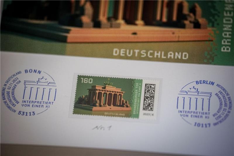 Post stellt Deutschlands erste Krypto-Briefmarke vor Die erste offizielle Deutschland-Krypto-Briefmarke: Als Motiv zu sehen ist das Brandenburger Tor, wie es von KI dargestellt wurde.