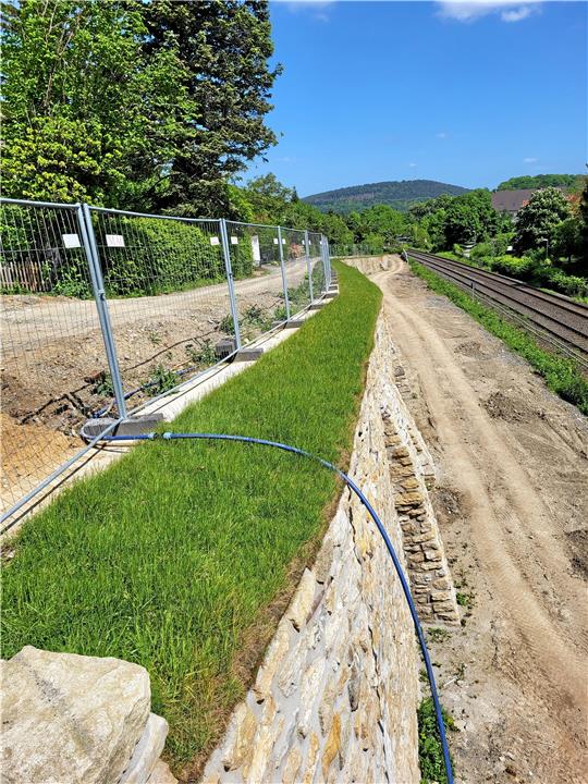 Die frisch sanierte Feldmauer an den Bahnschienen wurde mit einem Rasenstreifen bepflanzt. Aber wer muss ihn in Zukunft mähen? Foto: Roß
