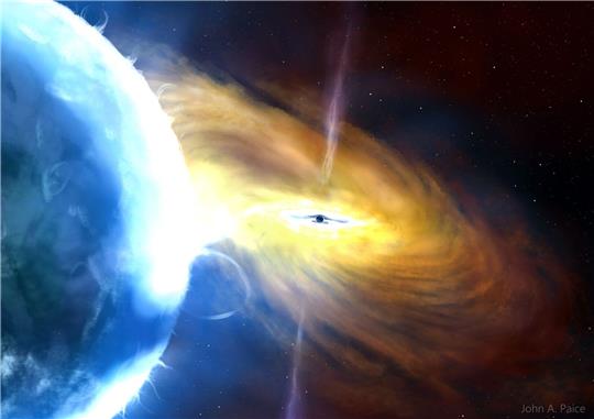 Die von der Universität von Southampton herausgegebene Illustration zeigt eine künstlerische Darstellung der gravitationsbedingten Massenzunahme durch Aufsammeln von Materie eines Schwarzen Lochs.