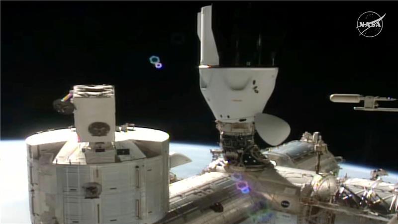 Vier Raumfahrer auf der ISS eingetroffen Dies Bild zeigt die an die Internationale Raumstation (ISS) angedockte SpaceX-Kapsel (hinten), mit „Crew 11“ an Bord.