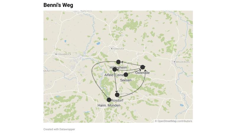 Hund Benni nach Unfall auf der A7 wiedergefunden Eine Karte, die Seesen, Osterode, Hildesheim, Alfeld und Hannoversch Münden zeigt.