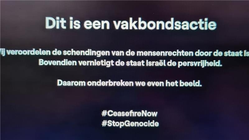 Wegen Israel: Debatte um Publikumsvoting bei ESC Dieses Videostandbild zeigt zu Beginn der Fernsehübertragung des zweiten Halbfinales des Eurovision Song Contest 2024 in Malmö eine Botschaft der Gewerkschaften des flämischen öffentlich-rechtlichen Rundfunks VRT.
