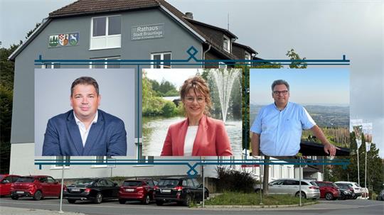 Eine Collage mit drei Bürgermeisterkandidaten. Im Hintergrund sieht man ein Foto des Braunlager Rathauses.