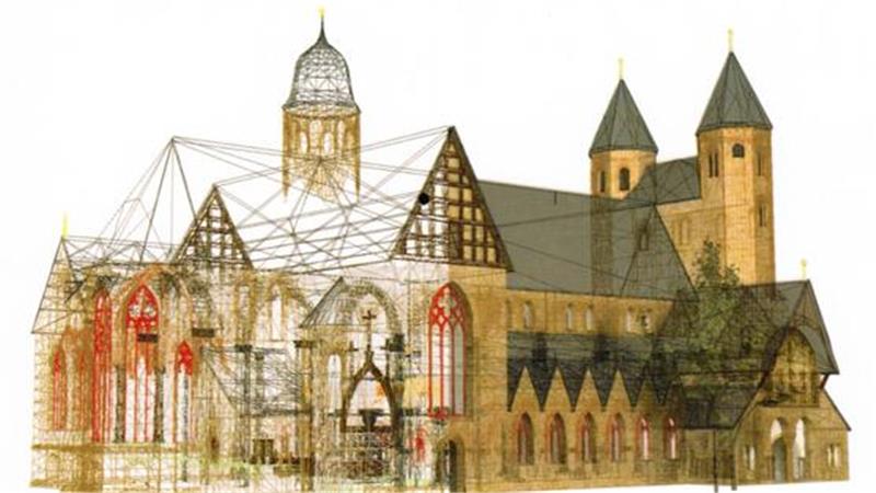 Drahtgittermodell einer gotischen Kirche mit spitzen Türmen und großen Fenstern