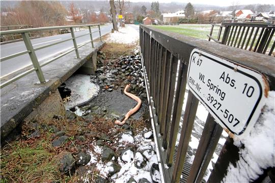 Dort, wo der Bach Spring unter der Kreisstraße hindurchfließt, setzt die Freiwillige Feuerwehr eine der Ölsperren. Weitere folgen flussabwärts. Es gelingt so zu verhindern, dass das Heizöl in die Innerste gelangt. Foto: Gereke