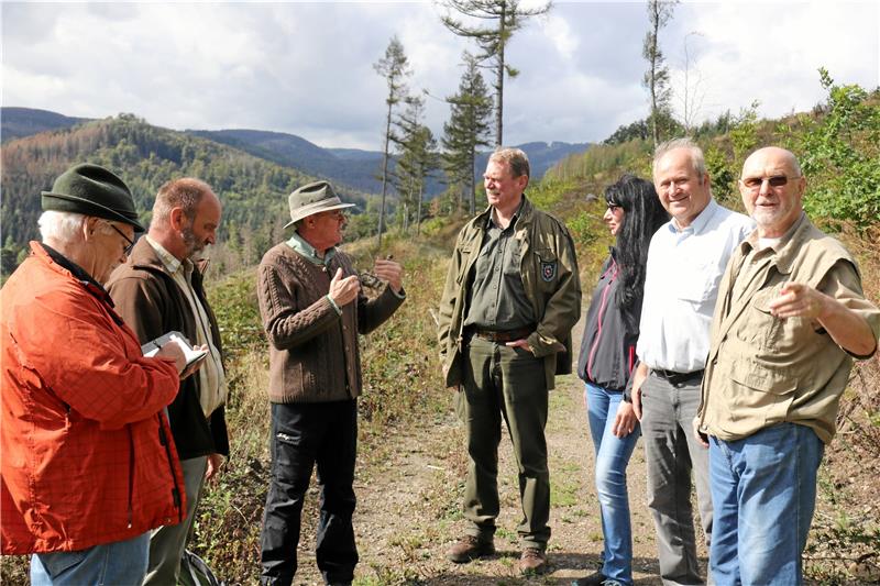 Wiederaufforstung am Goslarer Nordberg: Suche nach Konzept Dr. Bernd Gremse (von links), Joachim Lindenberg, Dr. David Kahan, Lutz-Michael Renneberg, Susanne Pfau, Hermann Grupe und Christian Rehse an der Pflanzfläche von „Friends of the Forest“. Foto: Hartmann