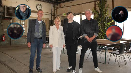 Dr. Johannes Großewinkelmann (v.l.), Oberbürgermeisterin Urte Schwerdtner, Paul Kunze und Maik Herrmann freuen sich auf die vier Künstler, die im November am Rammelsberg auftreten werden.