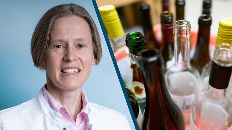 Das Foto ist in der Mitte zweigeteilt. Auf der einen Seite ist eine Frau mit kurzen blonden Haaren und einem weißen Kittel zu sehen und auf der anderen Seite sind offene Alkoholflaschen.