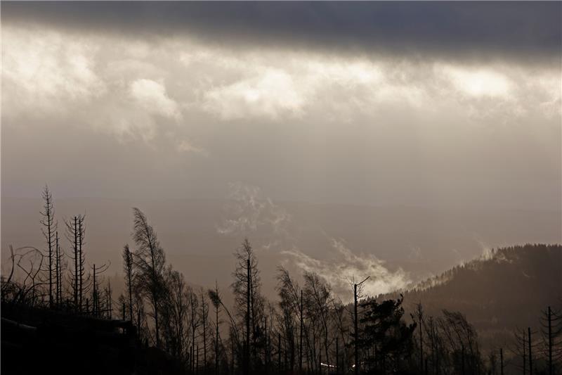Wetter im Harz: Erst schwere Sturmböen, dann Schneefall Dunkle Wolken ziehen am Brocken über den Harz. Für den Oberharz ab 1000 Metern gab es eine Windwarnung. Foto: Matthias Bein/DPA