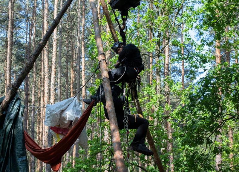 Ein Aktivist wird von einem Polizeibeamten aus einem Baumhaus in der Wuhlheide geholt.