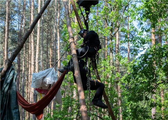 Ein Aktivist wird von einem Polizeibeamten aus einem Baumhaus in der Wuhlheide geholt.