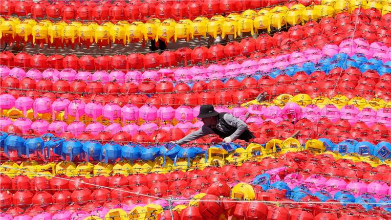 Ein Arbeiter arrangiert Laternen für die bevorstehenden Feierlichkeiten zu Buddhas Geburtstag in der südkoreanischen Hauptstadt Seoul.