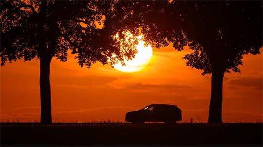 Ein Auto fährt im farbenprächtigen Sonnenuntergang über eine Allee bei Sieversdorf, im östlichen Brandenburg. 