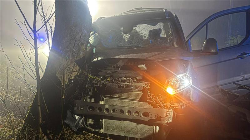 Ein zerknautschtes Auto, das vor einem Baum steht.
