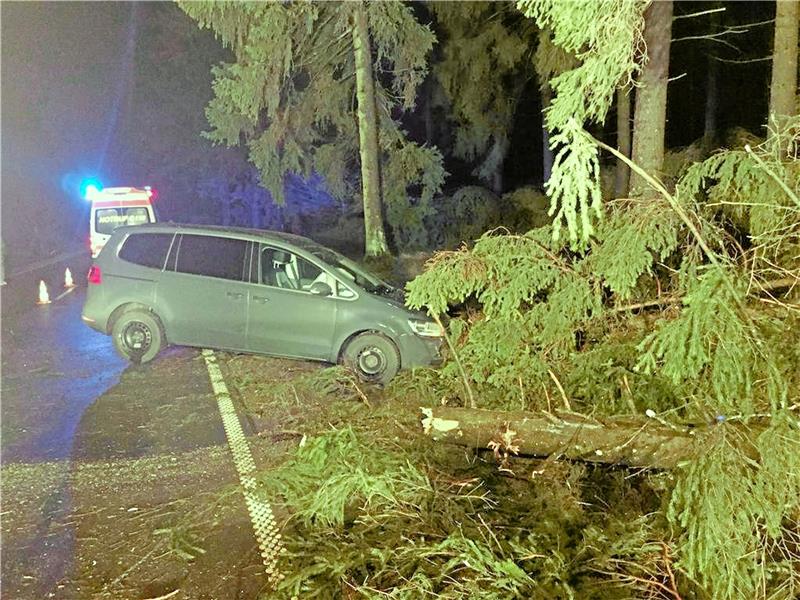 Ein Autofahrer fährt auf der B 4 zwischen Hohegeiß und Rothesütte mit seinem Wagen gegen eine Fichte, die kurz zuvor umgestürzt war.  Fotos: Feuerwehr