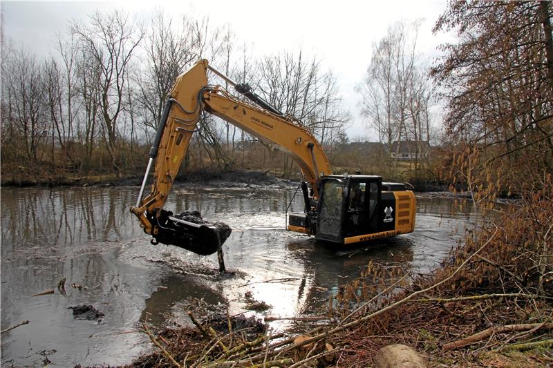 Ein Bagger entfernt Schlamm aus dem Teich.