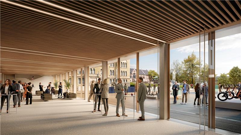 Ein Blick in das Foyer und von dort hinaus auf die Kaiserpfalz gewährt das Büro Nieto Sobejano Arquitectos oben in seinen jüngsten Entwürfen für die Stadthalle und das Pfalzquartier.  Graphik: Stadt Goslar