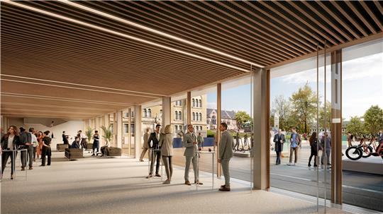 Ein Blick in das Foyer und von dort hinaus auf die Kaiserpfalz gewährt das Büro Nieto Sobejano Arquitectos oben in seinen jüngsten Entwürfen für die Stadthalle und das Pfalzquartier.  Graphik: Stadt Goslar