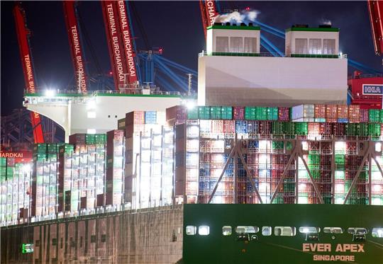 Ein Containerschiff liegt in Hamburg am Containerterminal Burchardkai.