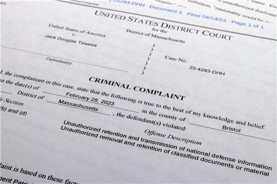 Ein Foto der Strafanzeige gegen Jack Teixeira.