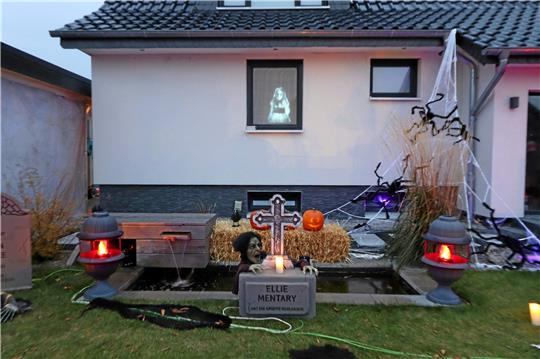 Ein Friedhofsareal mitsamt Brunnen und Lichtprojektion eines Geists am Fenster erfreut die Fans des Gruselns in Rhüden. Zwei Nachbarn stecken viel Zeit in die aufwendige Dekorationsarbeit, um einen Blickfang der besonderen Art zu bieten. Foto: Jambrek