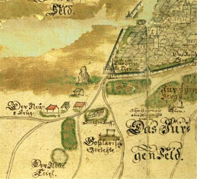 Ein Galgen auf der historischen Karte zeigt, was am „Goslarschen Gericht“ im Nordosten Goslars geschah: Hier fanden Hinrichtungen statt – auch von Frauen, die der Hexerei beschuldigt wurden (Karte in Blickrichtung Süden). Repros: Stadtarchiv Goslar