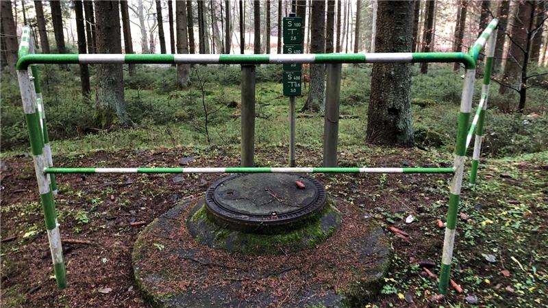Das Bild zeigt einen Gullydeckel im Wald mit den typischen Zeichen, die auf eine Abwasserleitung hindeuten. Außerdem sind viele Bäume im Nebel zu sehen.