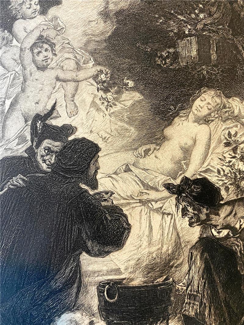 Ein Hexen-Szenario ziert als Radierung von W. Hecht (Ausschnitt) eine frühe Faust-Ausgabe – und aktuell eine ganze Seite des Bergkalenders 2023. Foto: Verlag