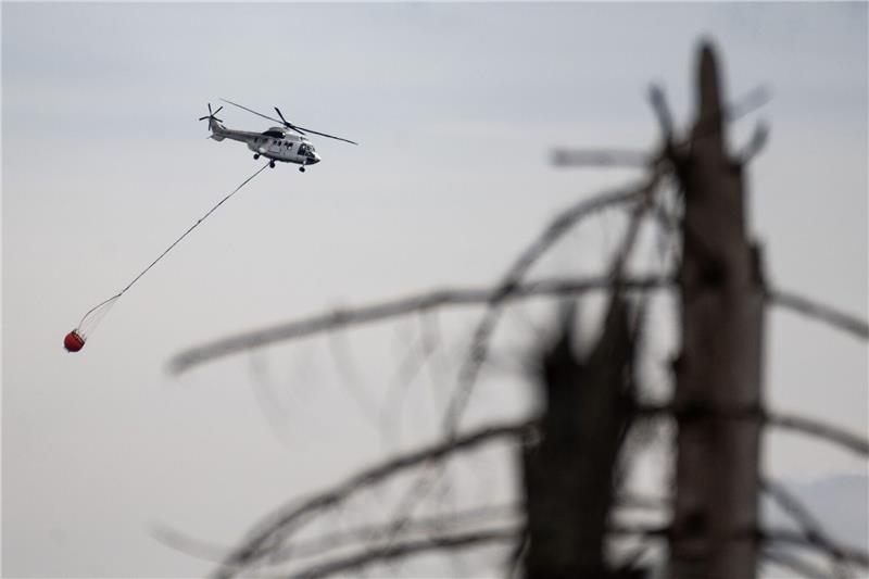 Ein Hubschrauber fliegt bei Löscharbeiten über einen Waldbrand.